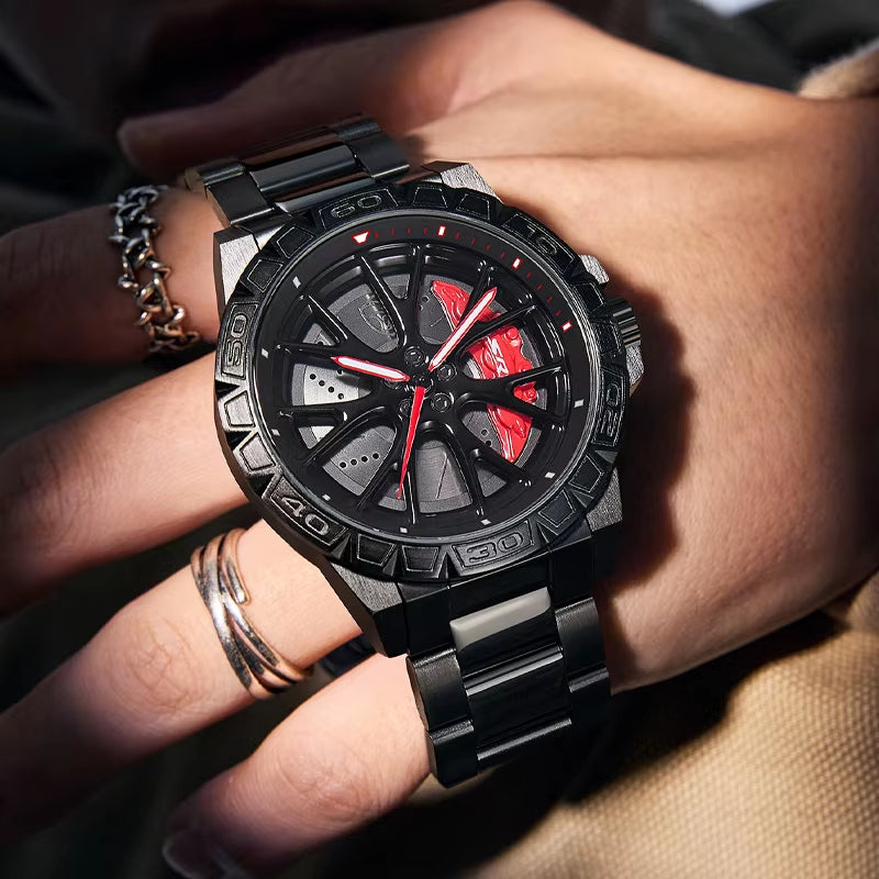 Original 3D Real Man Watches Waterproof Rotate Watches Car Rim Watch Quartz Men'S Sports 360° Rotate for Hell Cat SRT Car