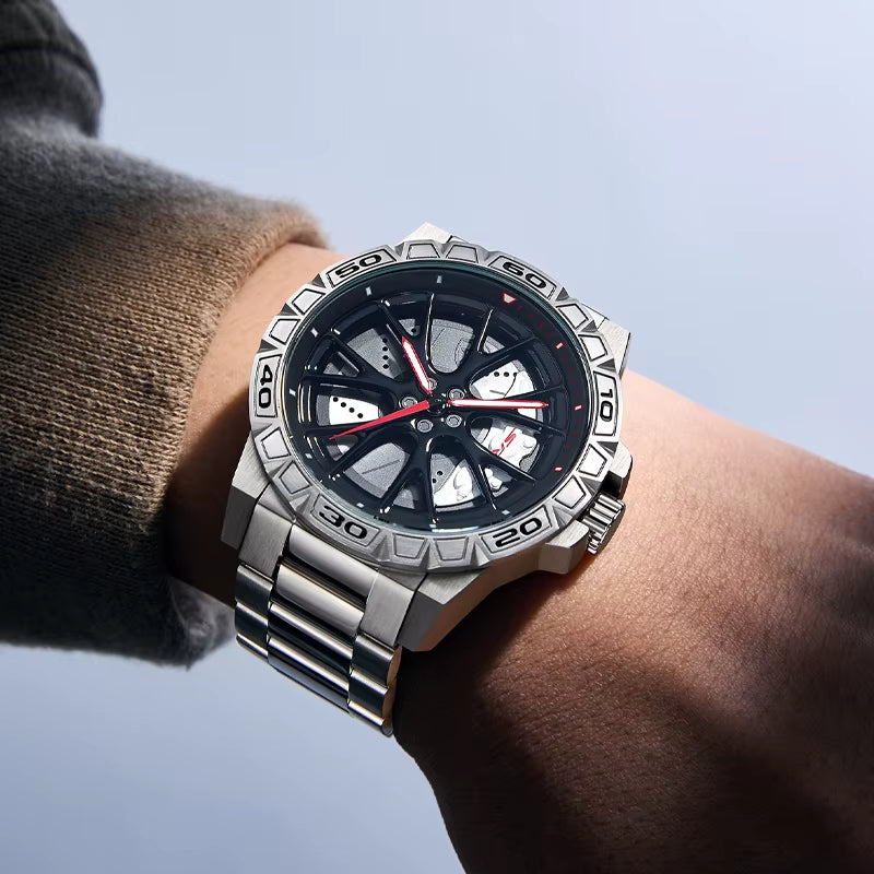 Original 3D Real Man Watches Waterproof Rotate Watches Car Rim Watch Quartz Men'S Sports 360° Rotate for Hell Cat SRT Car