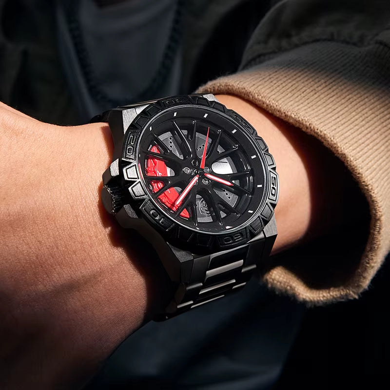 Original 3D Real Man Watches Waterproof Rotate Watches Car Rim Watch Quartz Men'S Sports 360° Rotate for Hell Cat SRT Car