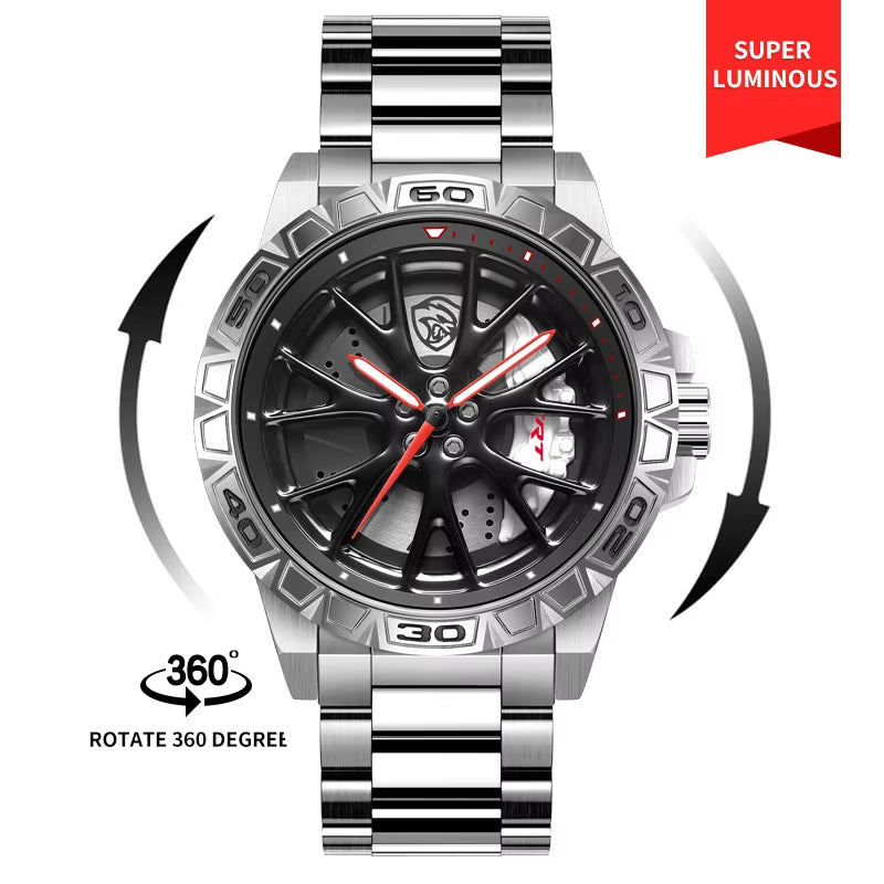Original 3D Real Man Watches Waterproof Rotate Watches Car Rim Watch Quartz Men'S Sports 360° Rotate for Hell Cat SRT Car