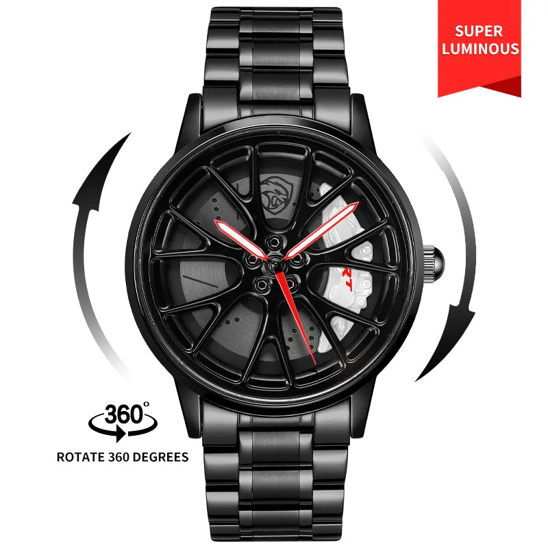 Original 3D Real Man Watches Waterproof Rotate Watches Car Rim Watch Quartz Men'S Sports 360° Rotate for Hell Cat SRT