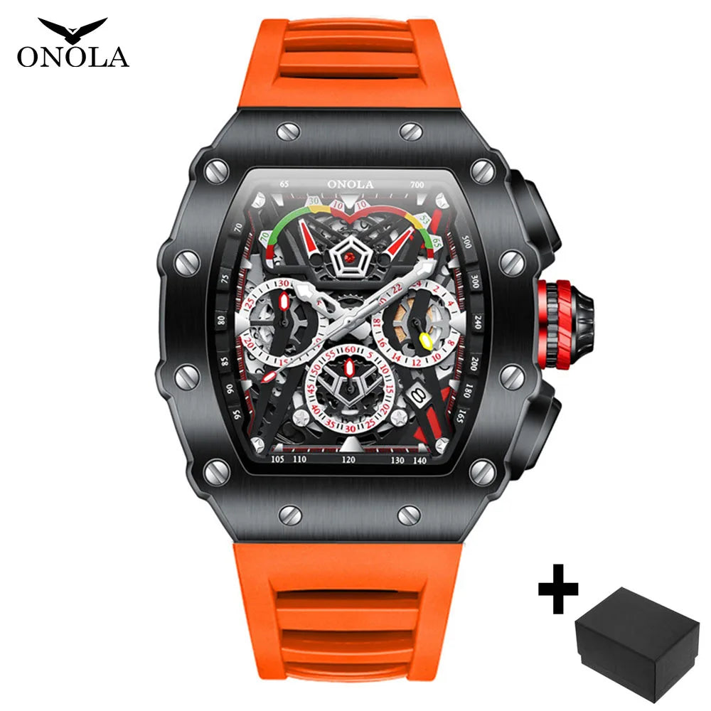 Fashion Watch for Mens Top Brand ONOLA Sports Silicone Strap Quartz Watches Auto Date Luxury Tonneau Clock Man Gift Dropshipping