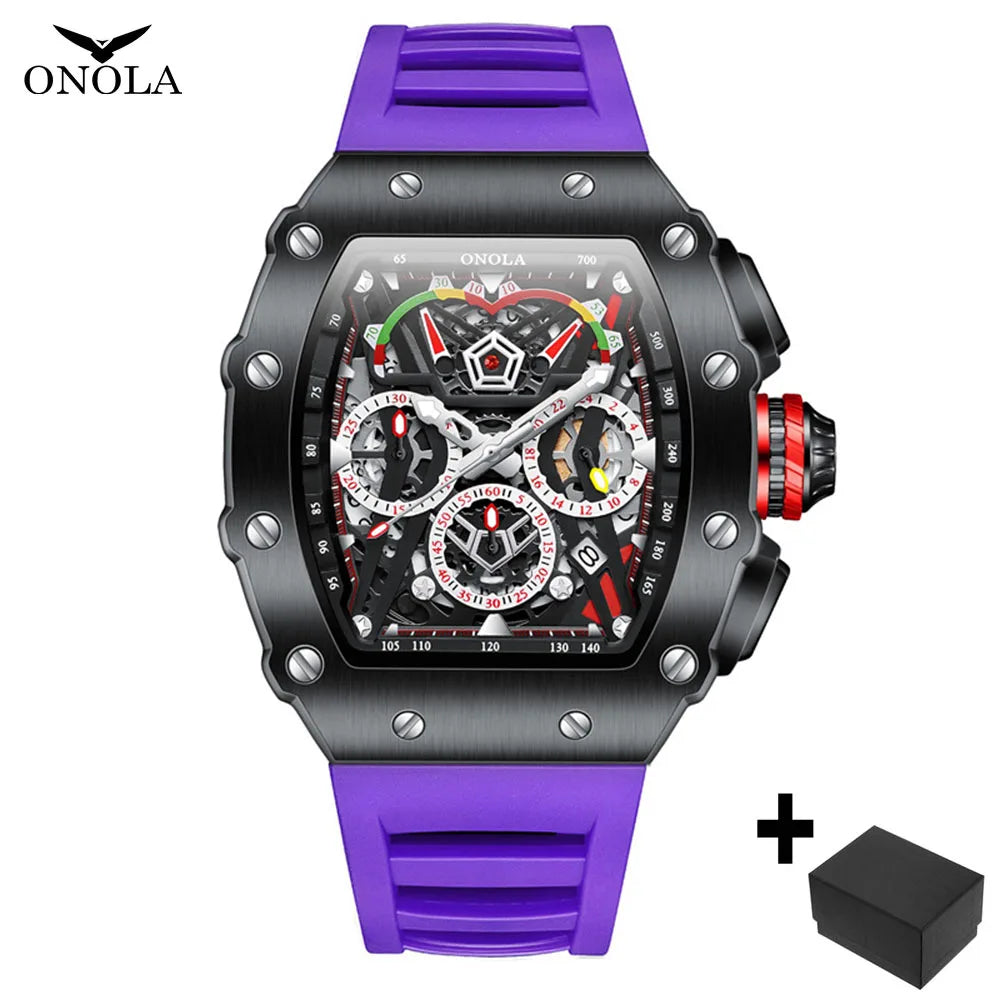 Fashion Watch for Mens Top Brand ONOLA Sports Silicone Strap Quartz Watches Auto Date Luxury Tonneau Clock Man Gift Dropshipping