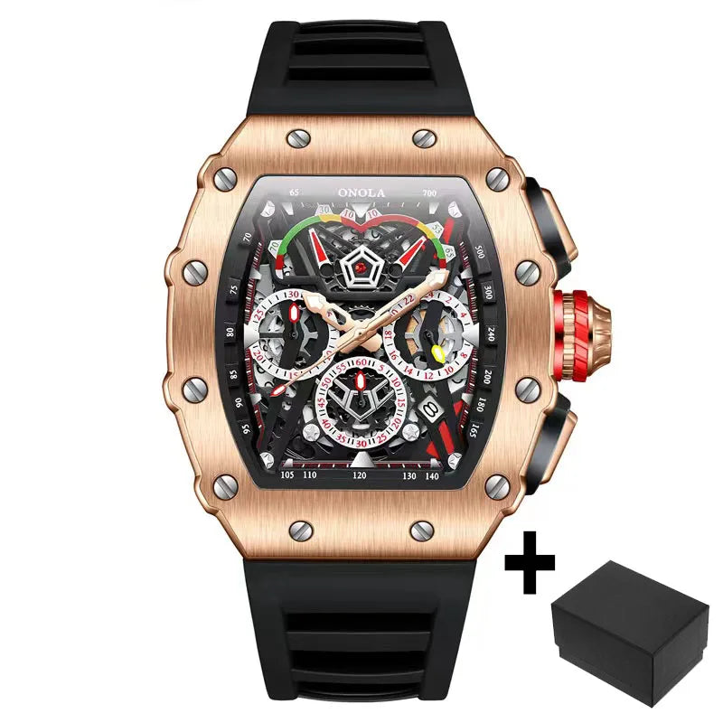 Fashion Watch for Mens Top Brand ONOLA Sports Silicone Strap Quartz Watches Auto Date Luxury Tonneau Clock Man Gift Dropshipping