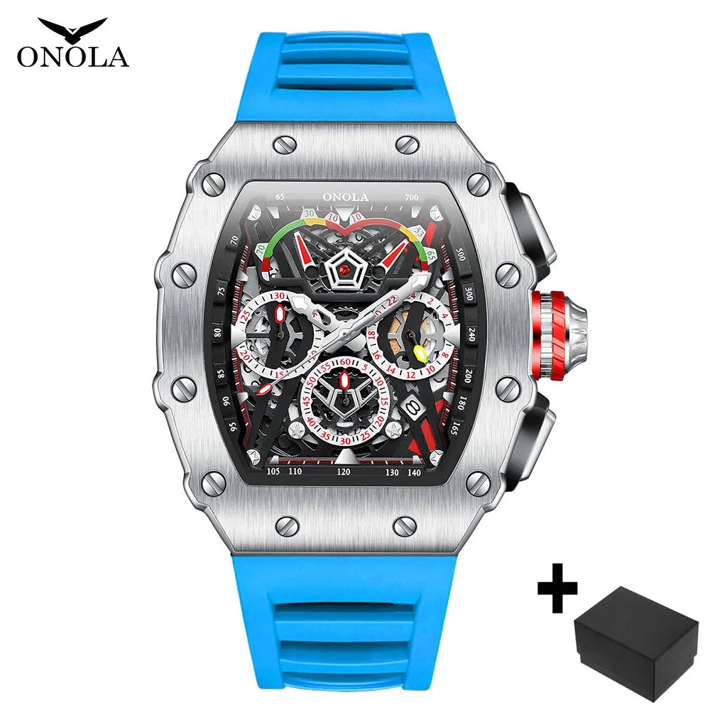 Fashion Watch for Mens Top Brand ONOLA Sports Silicone Strap Quartz Watches Auto Date Luxury Tonneau Clock Man Gift Dropshipping