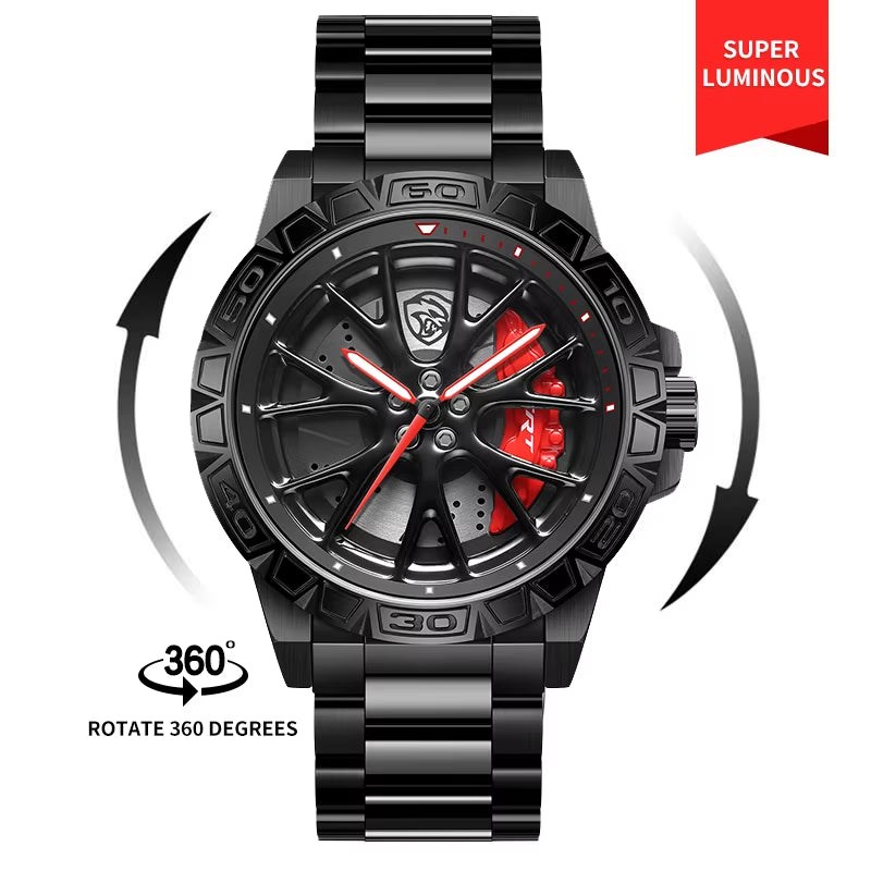 Original 3D Real Man Watches Waterproof Rotate Watches Car Rim Watch Quartz Men'S Sports 360° Rotate for Hell Cat SRT Car